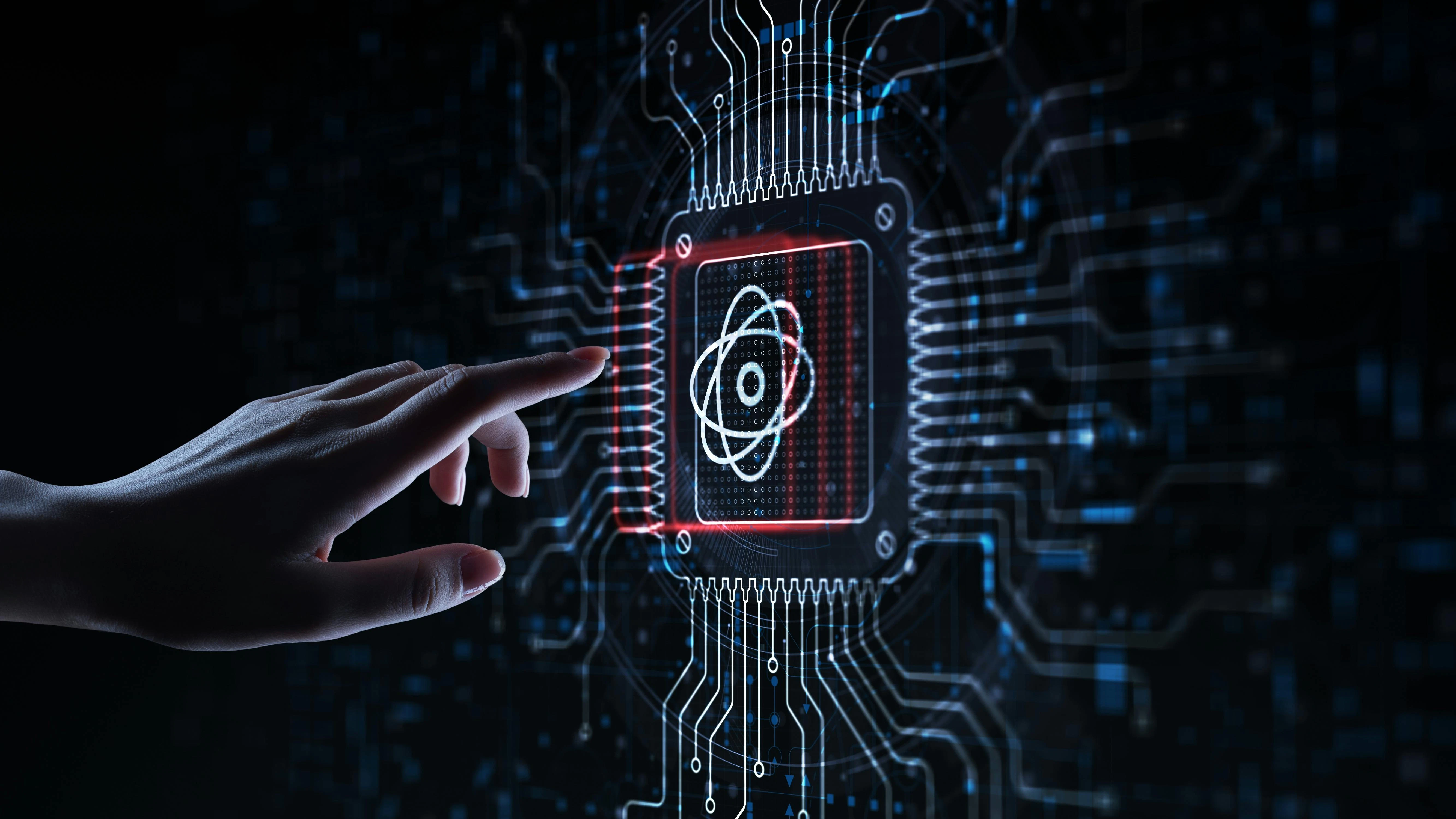 Quantum Computing Revolutionizing Information Processing Illustrated on a Processor Touched by a Human Hand.