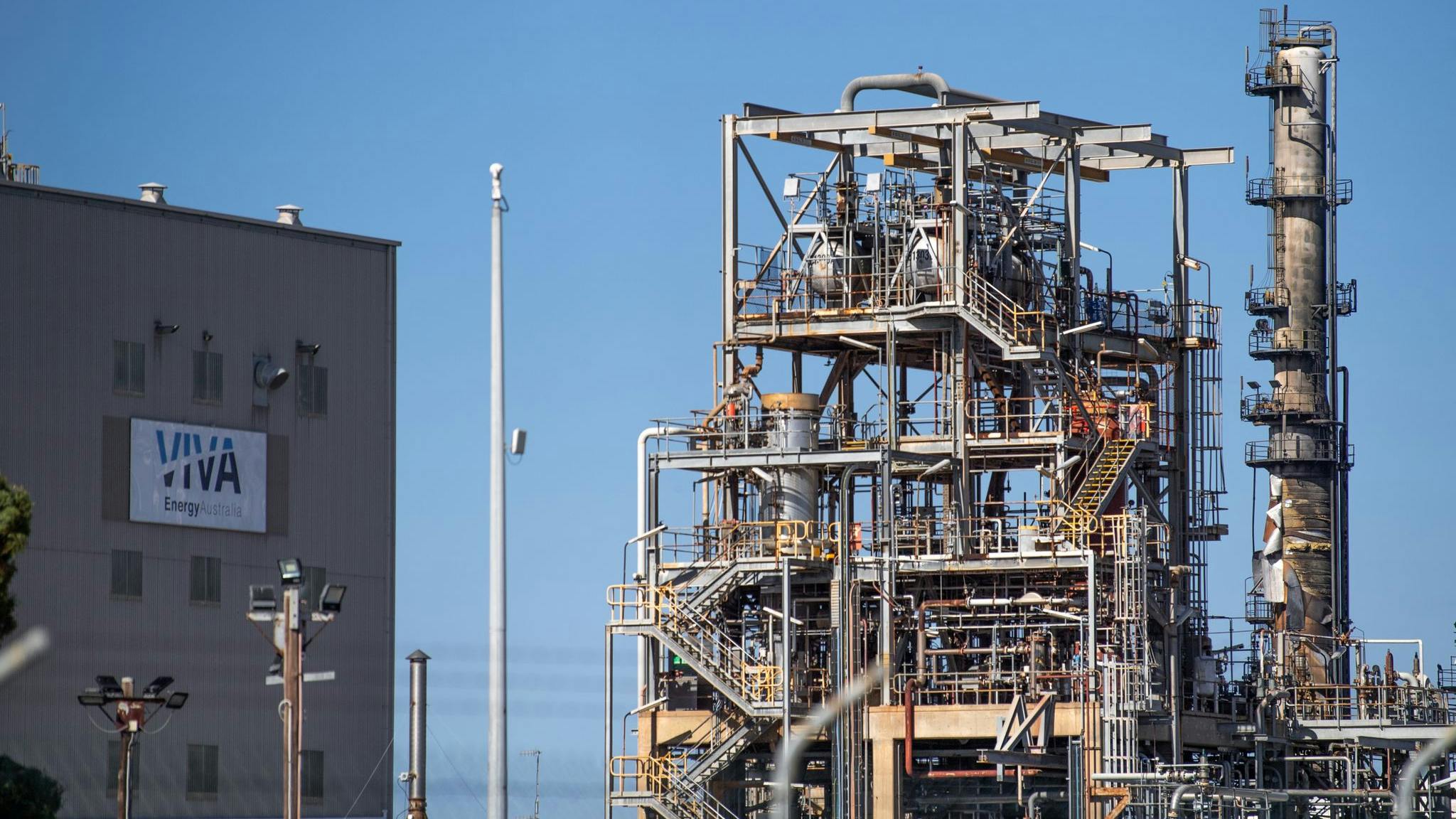 Some damage is visible at the Viva Energy Geelong refinery in Corio after a significant fire broke out, affecting petrol production at one of Australia's two refineries following reports of flames and explosions.