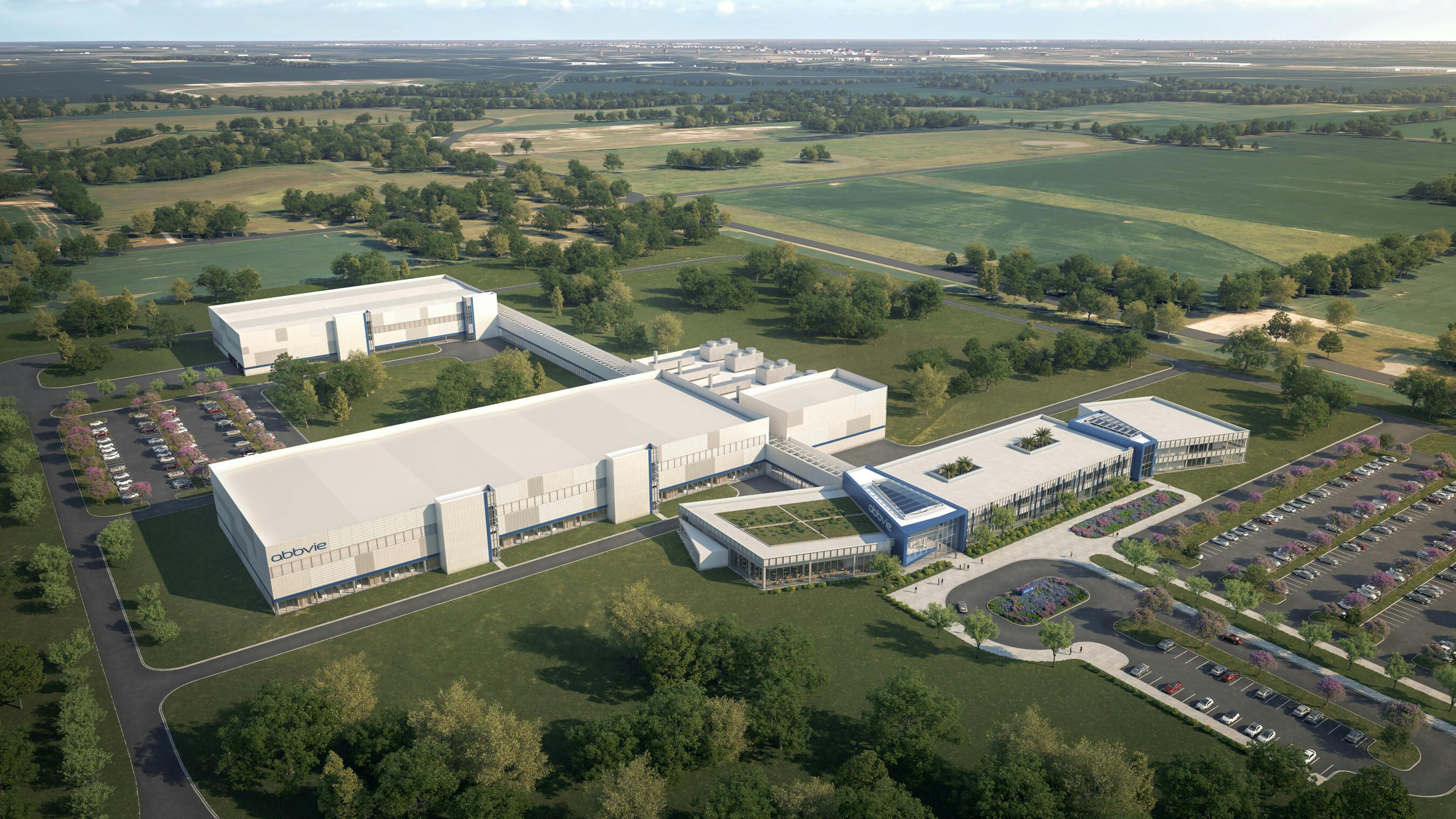 Aerial view of 3D rendering of new AbbVie pharmaceutical manufacturing facility in Durham, North Carolina
