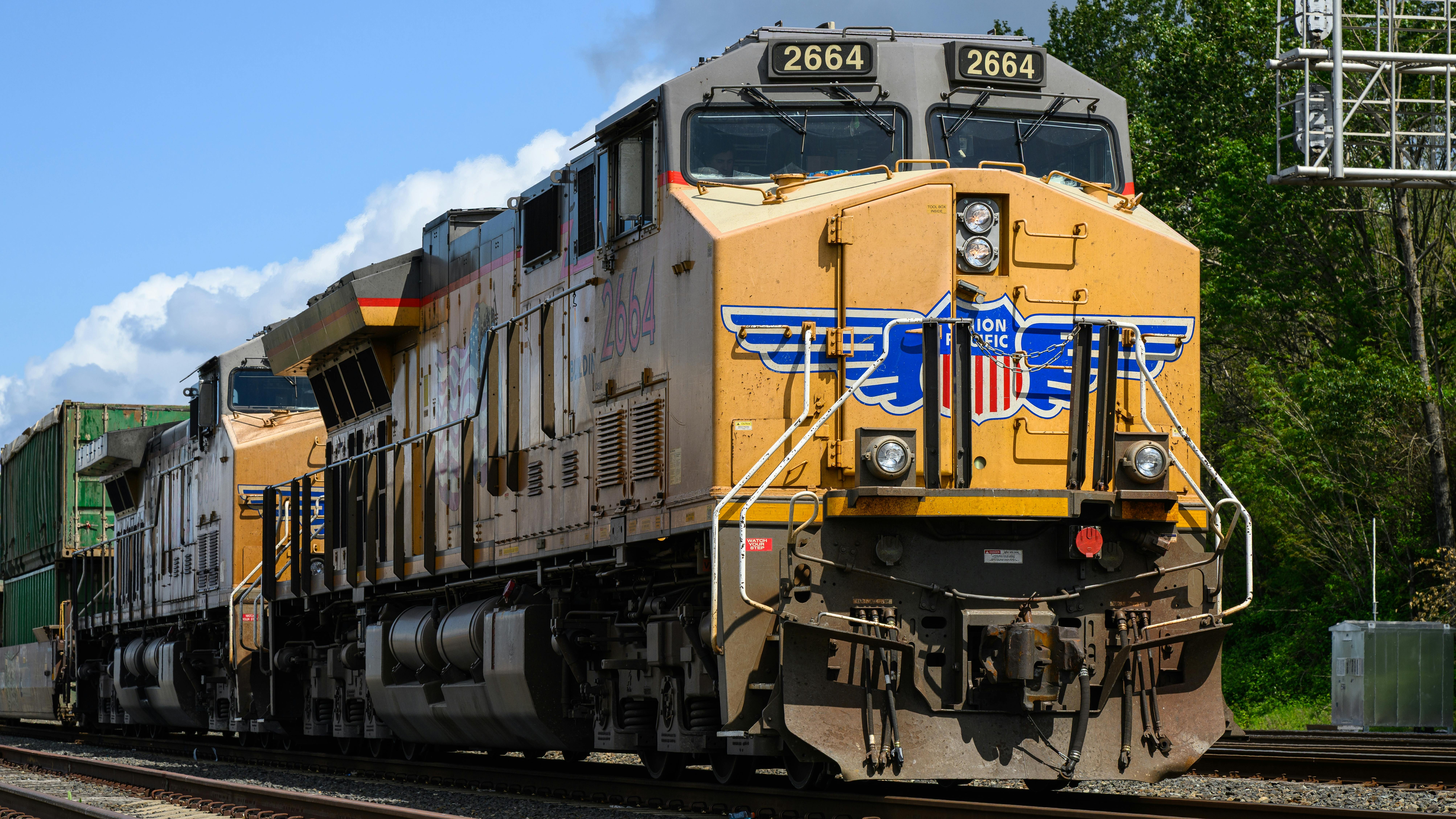 Seattle - May 18, 2025; Union Pacific freight train locomotive in closeup working intermodal cargo