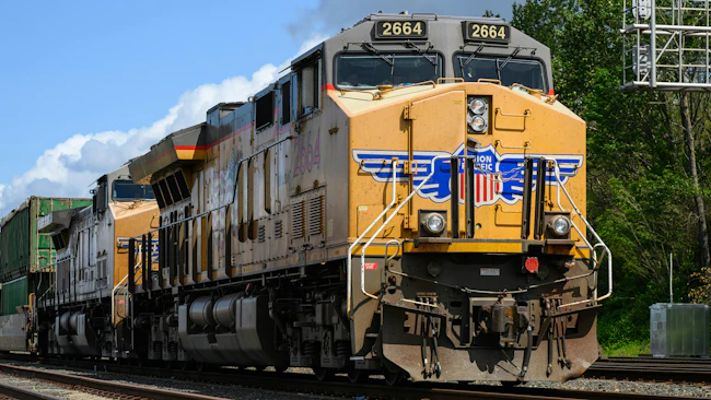 Seattle - May 18, 2025; Union Pacific freight train locomotive in closeup working intermodal cargo