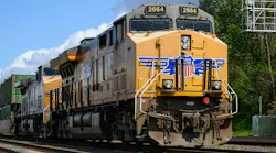 Seattle - May 18, 2025; Union Pacific freight train locomotive in closeup working intermodal cargo
