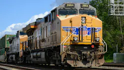 Seattle - May 18, 2025; Union Pacific freight train locomotive in closeup working intermodal cargo Seattle - May 18, 2025; Union Pacific freight train locomotive in closeup working intermodal cargo