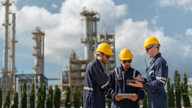 3 workers in safety gear with oil and gas refinery plant in background