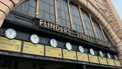 A line of clocks along a wall at Flinders Street Station in Melbourne, Australia A line of clocks along a wall at Flinders Street Station in Melbourne, Australia