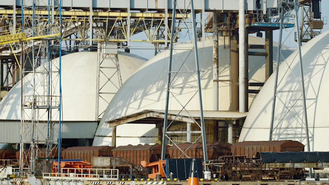 Large industrial facility with dome-shaped storage tanks