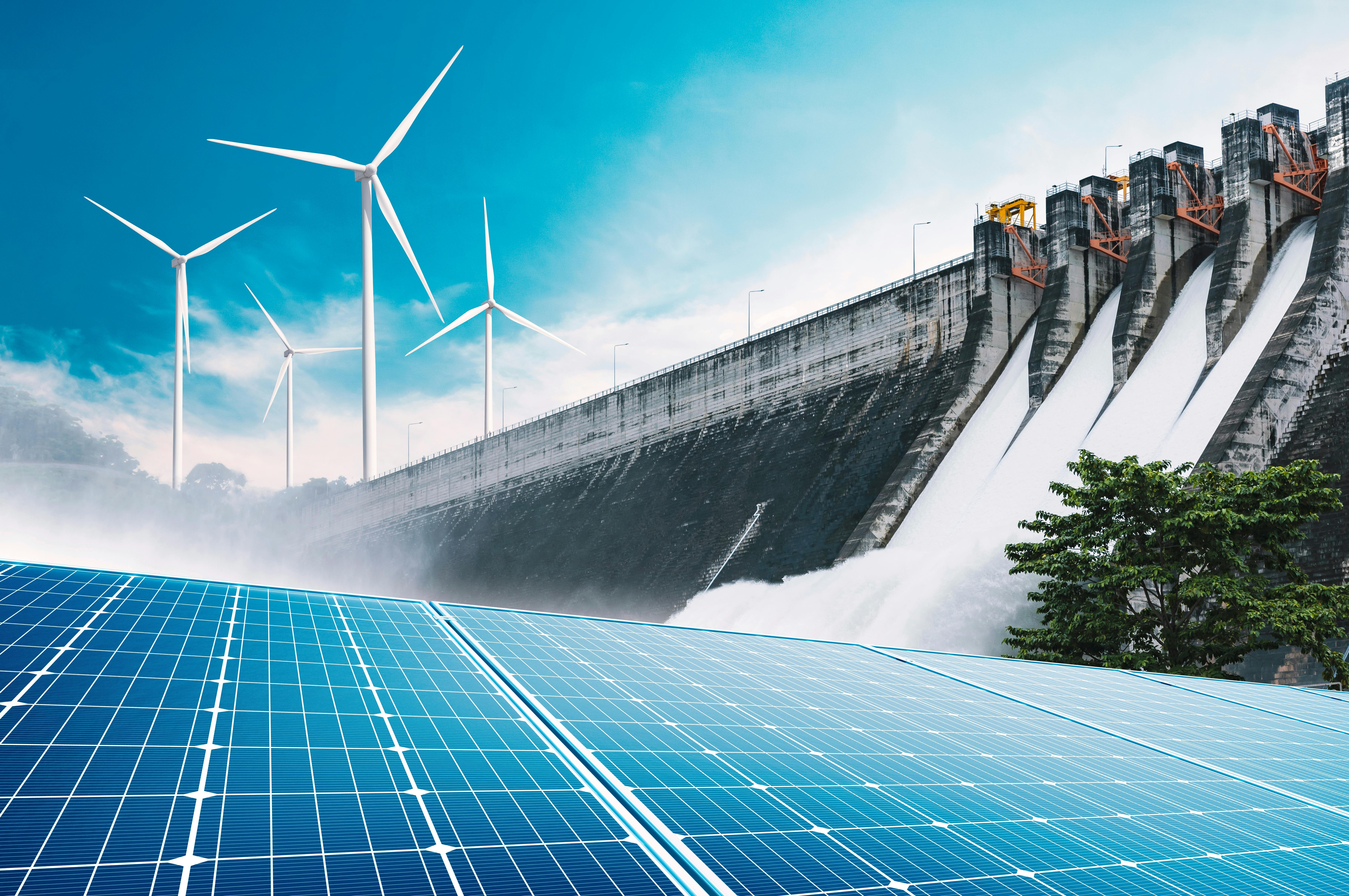 Composite image of three renewable energy sources: solar panels, wind turbines, and a hydroelectric dam.