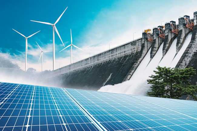 Composite image of three renewable energy sources: solar panels, wind turbines, and a hydroelectric dam.