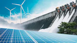 Composite image of three renewable energy sources: solar panels, wind turbines, and a hydroelectric dam. Composite image of three renewable energy sources: solar panels, wind turbines, and a hydroelectric dam.