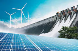 Composite image of three renewable energy sources: solar panels, wind turbines, and a hydroelectric dam. Composite image of three renewable energy sources: solar panels, wind turbines, and a hydroelectric dam.