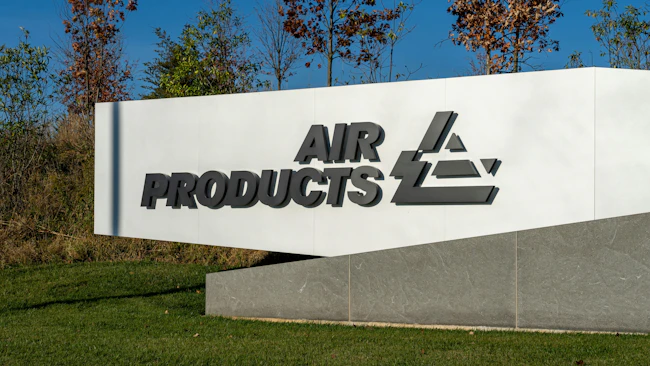 Large sign with Air Products logo at headquarters in Allentown, Pennsylvania