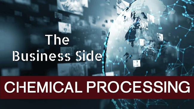 The Business side chemical processing with globe and digital screens in background