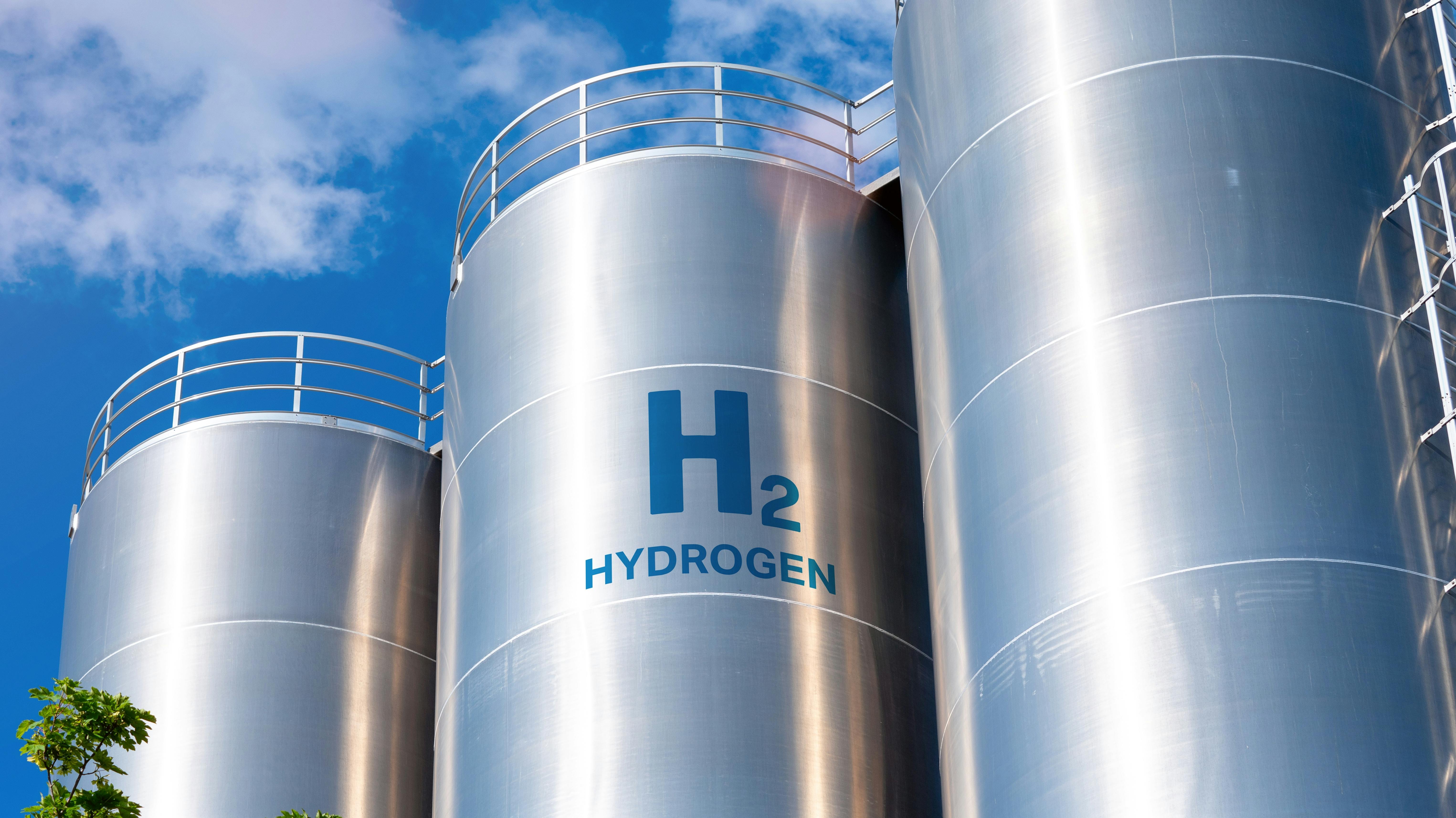Hydrogen strorage tanks against blue sky