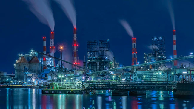 Night view of Mizushima factory in Okayama, Japan