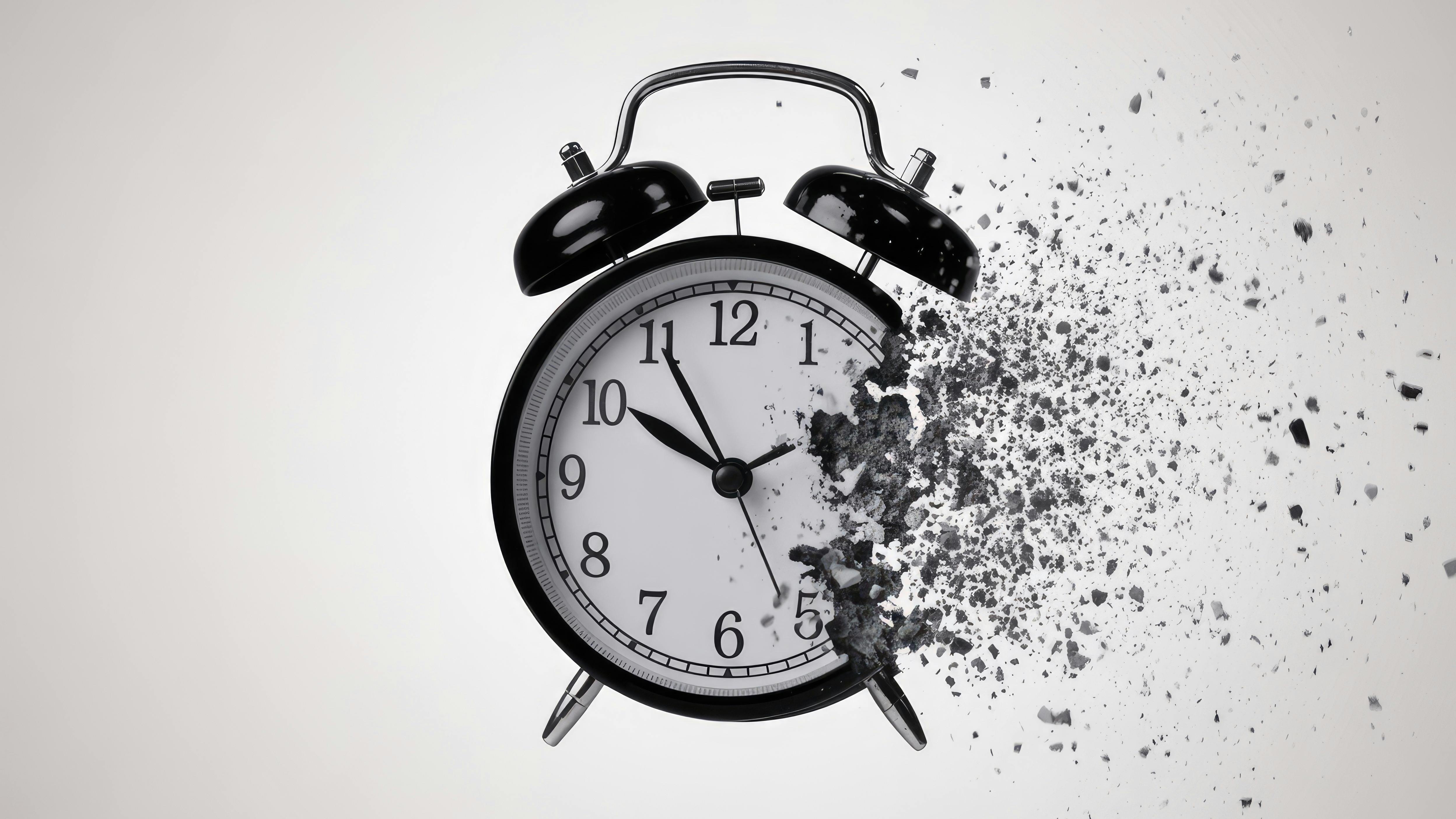 Striking monochrome image of a classic black alarm clock in the process of dissolving into a cloud of dark, gritty particles.