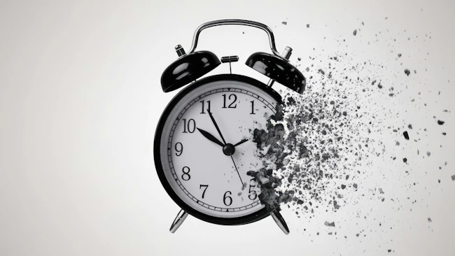 Striking monochrome image of a classic black alarm clock in the process of dissolving into a cloud of dark, gritty particles.