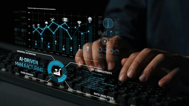 AI-driven manufacturing boosts industrial automation through IoT, cloud, and data analytics. Manufacturing process and factory output are optimized with smart feedback and AI.