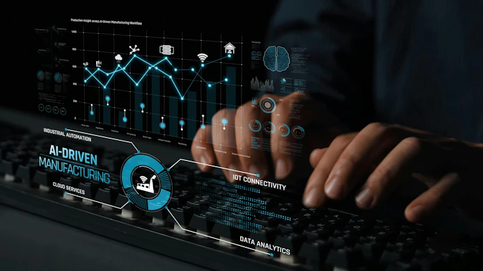 AI-driven manufacturing boosts industrial automation through IoT, cloud, and data analytics. Manufacturing process and factory output are optimized with smart feedback and AI.