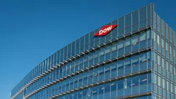 exterior building shot of Midland, Michigan headquarters of Dow Corp with logo on building against bright blue sky exterior building shot of Midland, Michigan headquarters of Dow Corp with logo on building against bright blue sky