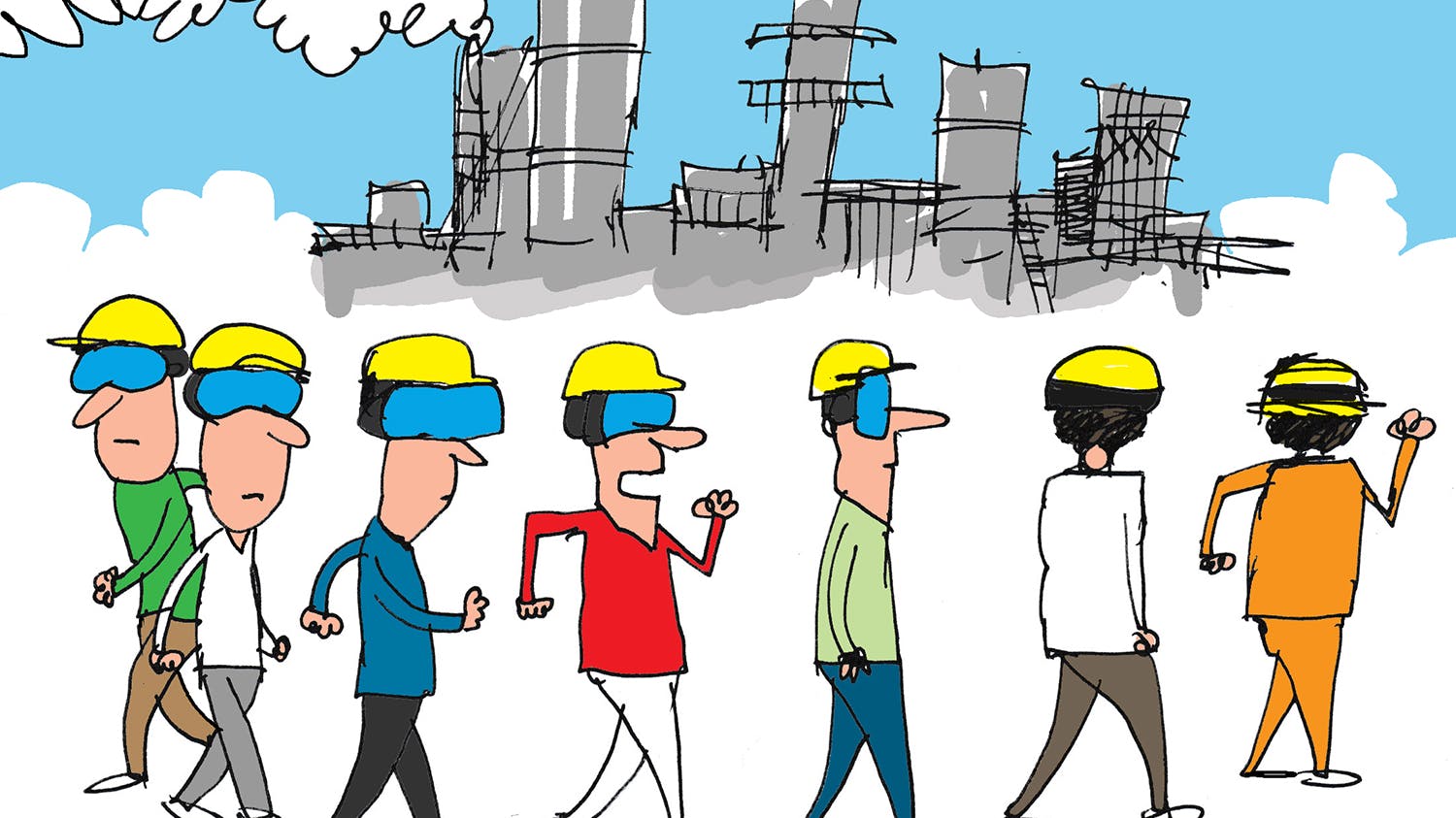 Cartoon of workers wearing virtual reality goggles walking outside a chemical facility. Cartoon was created by Jerry King