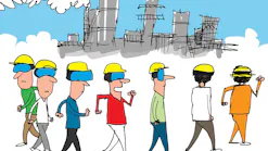 Cartoon of workers wearing virtual reality goggles walking outside a chemical facility. Cartoon was created by Jerry King Cartoon of workers wearing virtual reality goggles walking outside a chemical facility. Cartoon was created by Jerry King