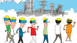 Cartoon of workers wearing virtual reality goggles walking outside a chemical facility. Cartoon was created by Jerry King