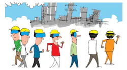 Cartoon of workers wearing virtual reality goggles walking outside a chemical facility. Cartoon was created by Jerry King Cartoon of workers wearing virtual reality goggles walking outside a chemical facility. Cartoon was created by Jerry King