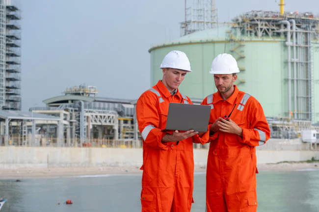 Two engineers in orange coveralls and hard hats review a laptop at an industrial waterfront facility.
