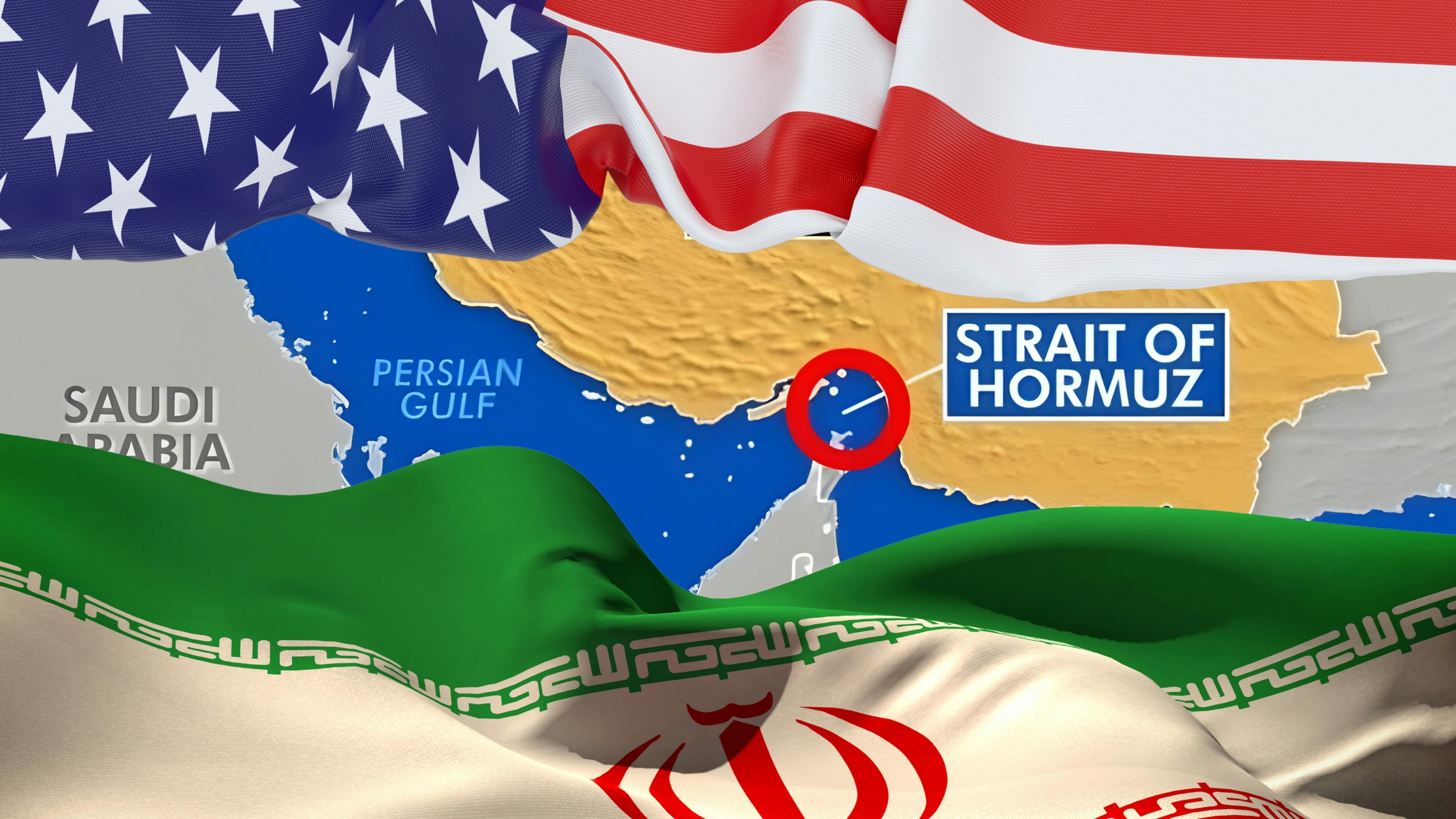 US and Iranian flags overlaid on a map highlighting the Strait of Hormuz in the Persian Gulf.