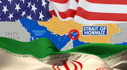 US and Iranian flags overlaid on a map highlighting the Strait of Hormuz in the Persian Gulf. US and Iranian flags overlaid on a map highlighting the Strait of Hormuz in the Persian Gulf.