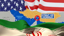 US and Iranian flags overlaid on a map highlighting the Strait of Hormuz in the Persian Gulf. US and Iranian flags overlaid on a map highlighting the Strait of Hormuz in the Persian Gulf.