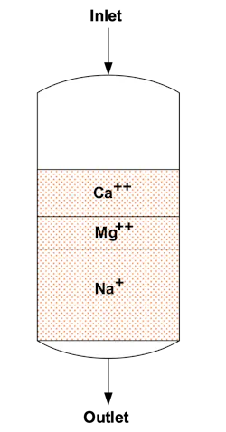Schematic showing selectivity and stratification of hardness ions in a softener resin bed. Schematic showing selectivity and stratification of hardness ions in a softener resin bed.