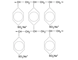 Figure 2. Crosslinked styrene-divinylbenzene resin structure with sulfonic acid (SO3-) active groups and attached sodium ions (Na+). Strong acid cation (SAC) resins in high-purity demineralizers have the same structure but with hydrogen ions (H+) attached. Figure 2. Crosslinked styrene-divinylbenzene resin structure with sulfonic acid (SO3-) active groups and attached sodium ions (Na+). Strong acid cation (SAC) resins in high-purity demineralizers have the same structure but with hydrogen ions (H+) attached.