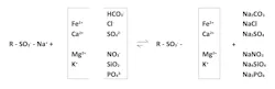 Chemical equation showing a cation exchange resin replacing sodium ions with dissolved minerals including iron, calcium, magnesium, and potassium. Chemical equation showing a cation exchange resin replacing sodium ions with dissolved minerals including iron, calcium, magnesium, and potassium.