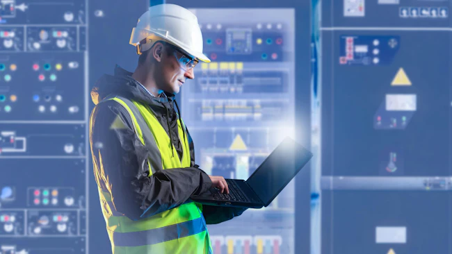 Electrical engineering, technician monitors control panels and analyzes system data on laptop. Industrial power equipment operation, safety inspection and maintenance in energy facility.
