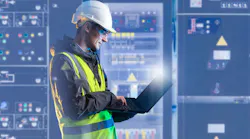Electrical engineering, technician monitors control panels and analyzes system data on laptop. Industrial power equipment operation, safety inspection and maintenance in energy facility. Electrical engineering, technician monitors control panels and analyzes system data on laptop. Industrial power equipment operation, safety inspection and maintenance in energy facility.