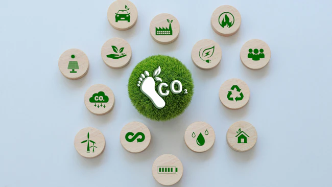 Circular arrangement of sustainability and clean-energy icons surrounding a grass-covered sphere with a carbon footprint and CO2 symbol, representing carbon reduction, renewable energy, recycling and environmental responsibility.