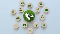 Circular arrangement of sustainability and clean-energy icons surrounding a grass-covered sphere with a carbon footprint and CO2 symbol, representing carbon reduction, renewable energy, recycling and environmental responsibility. Circular arrangement of sustainability and clean-energy icons surrounding a grass-covered sphere with a carbon footprint and CO2 symbol, representing carbon reduction, renewable energy, recycling and environmental responsibility.