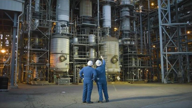 Two workers stand in front of Chemours Washington Works chemical facility