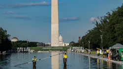 Lincoln Memorial Reflecting Pool with two workers seen cleaning it up Lincoln Memorial Reflecting Pool with two workers seen cleaning it up