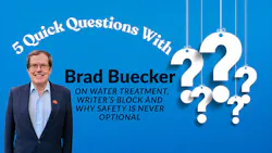 Image showing Brad Buecker along with five questions marks and the text 5 Quick Questions with Brad Buecker on blue background