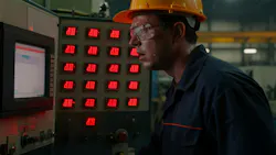 A factory worker in a hard hat and safety glasses monitors a control panel with red LED displays.
