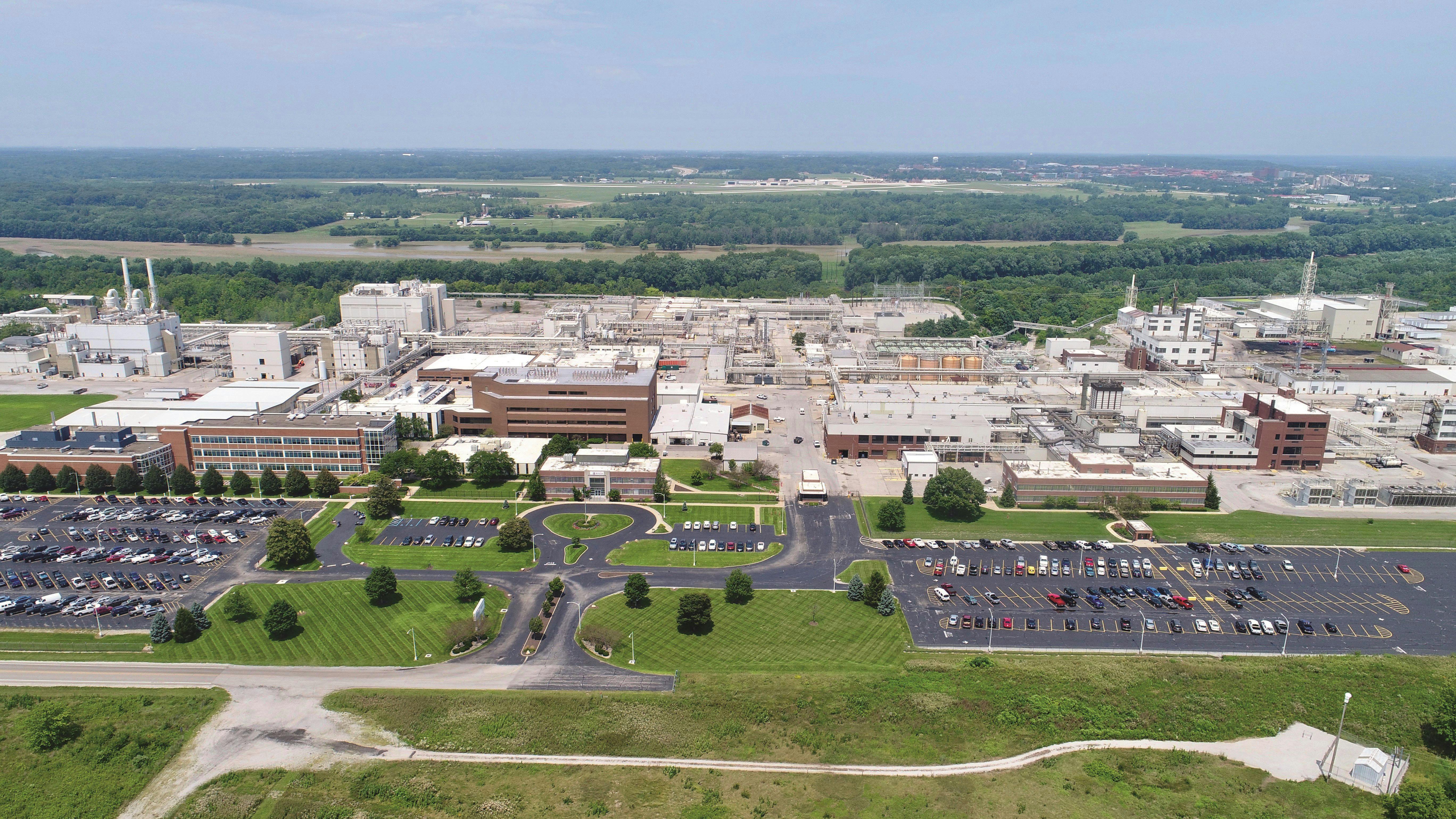 Aerial view of Evonik&rsquo;s Tippecanoe Laboratories in Lafayette, Indiana, where the company manufactures intermediates, active pharmaceutical ingredients, and excipients for the pharmaceutical industry.