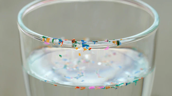 Drinking glass with water and colorful plastic particles floating in the water and sitting along the rim of the glass