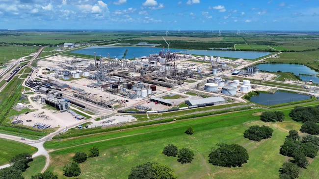 Aerial view of Oxea site in Bay City Texas on bright sunny day