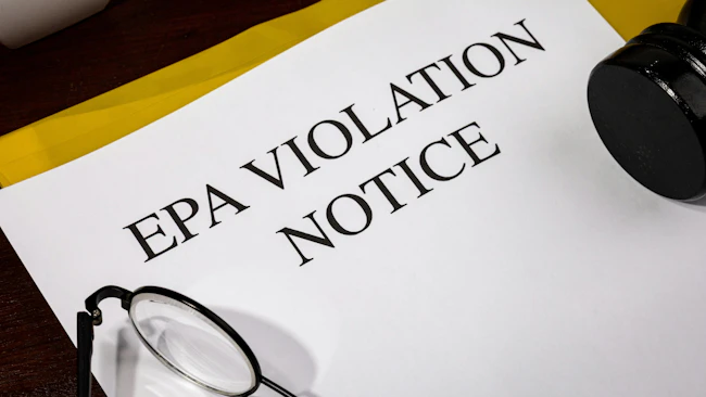 EPA Violation Notice Document Set on Wooden Desk &ndash; Environmental Protection Infraction Report
