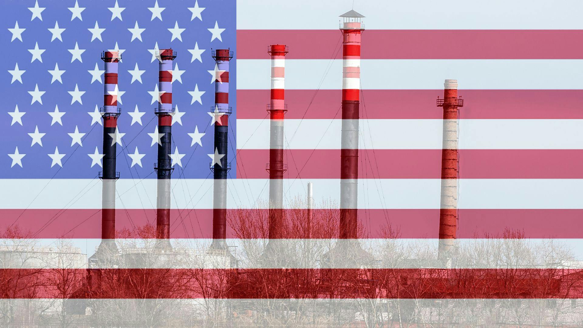 Chemical plant pipes over usa flag background.