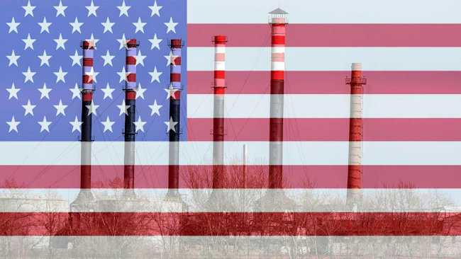 Chemical plant pipes over usa flag background.