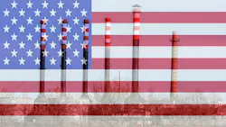 Chemical plant pipes over usa flag background.