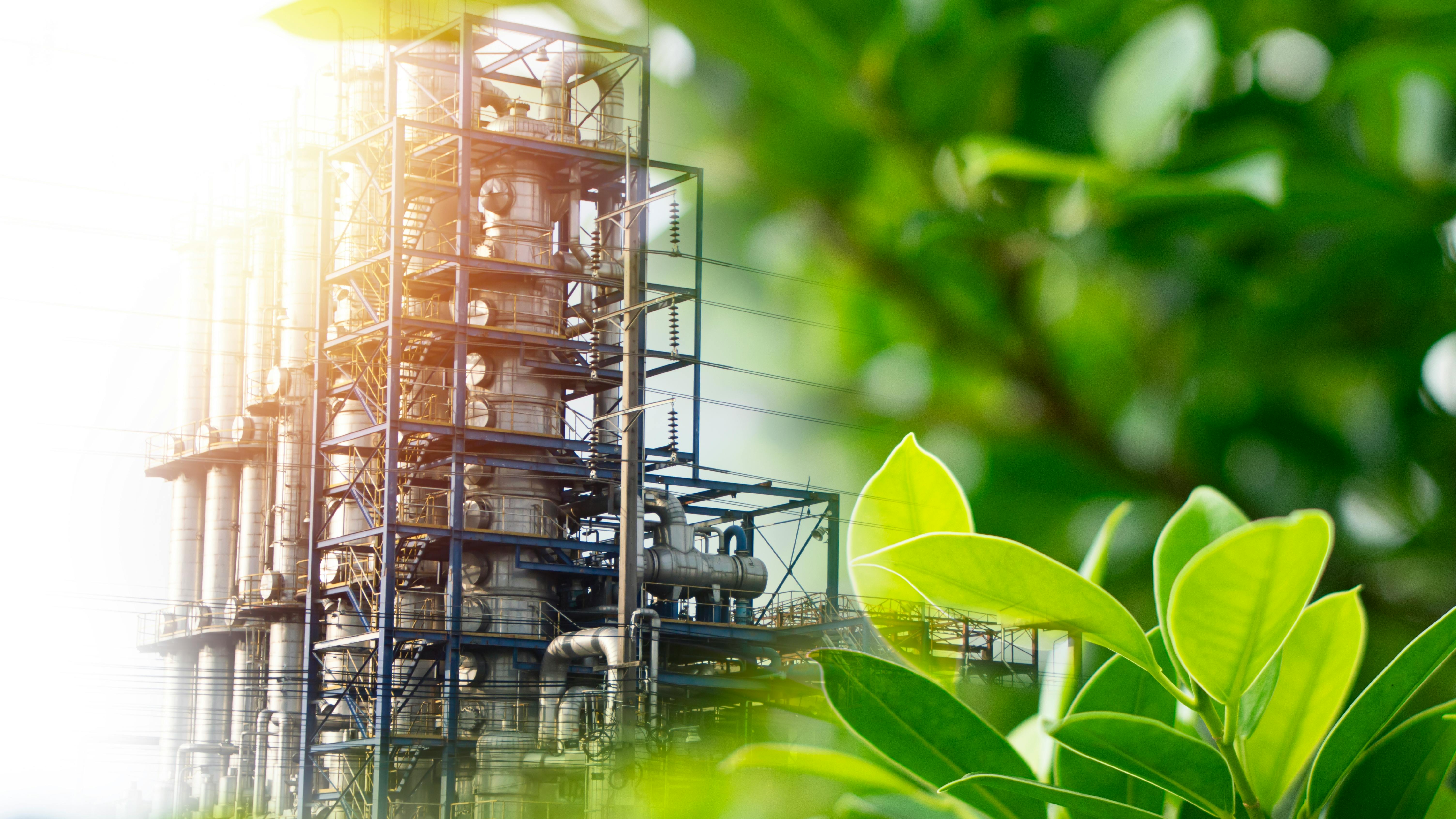 plant distillation columns surrounded by greenery indicating conservation concept